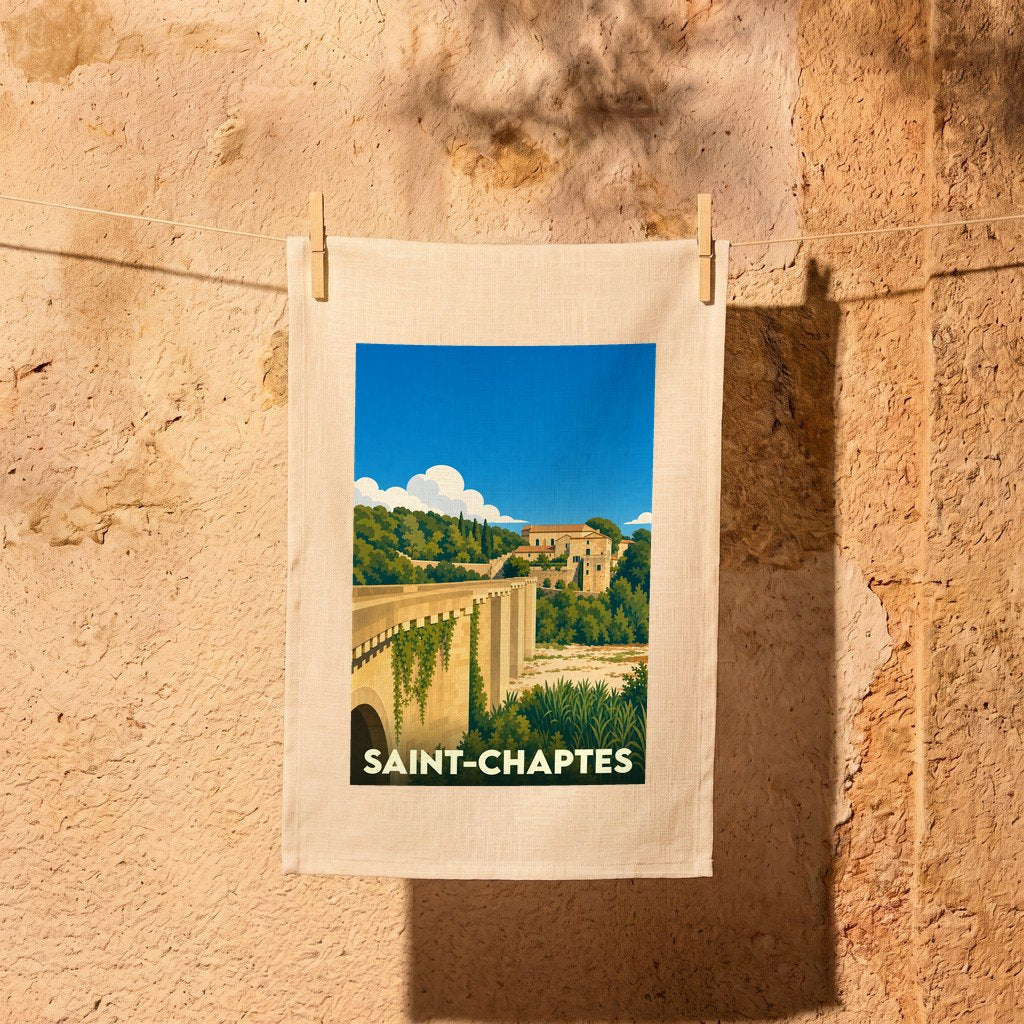 Torchon souvenir de la ville de Saint-Chaptes avec une illustration stylisée.