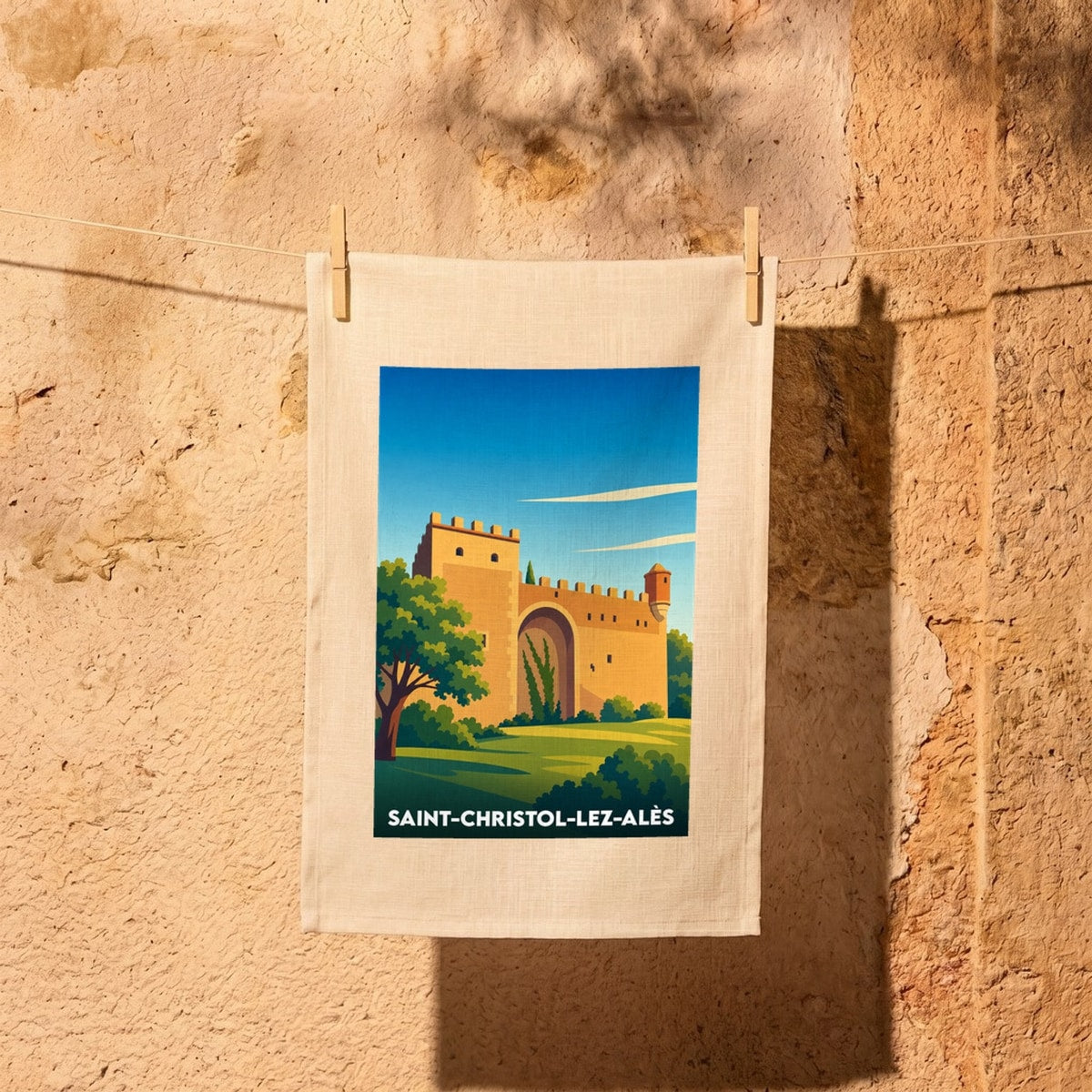 Torchon souvenir de la ville de Saint-Christol-lez-Alès avec une illustration stylisée de ses remparts.