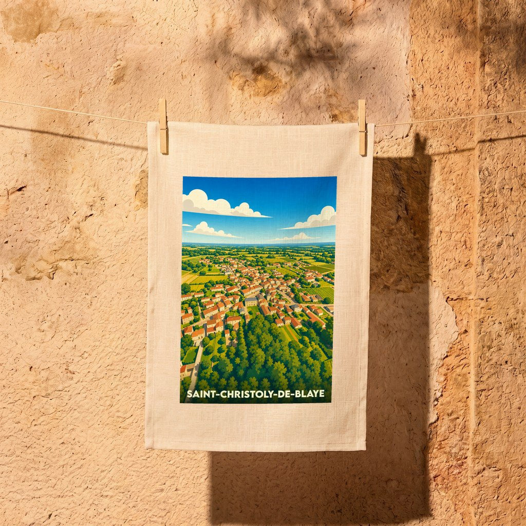 Torchon souvenir de la ville de Saint-Christoly-de-Blaye avec une illustration stylisée.