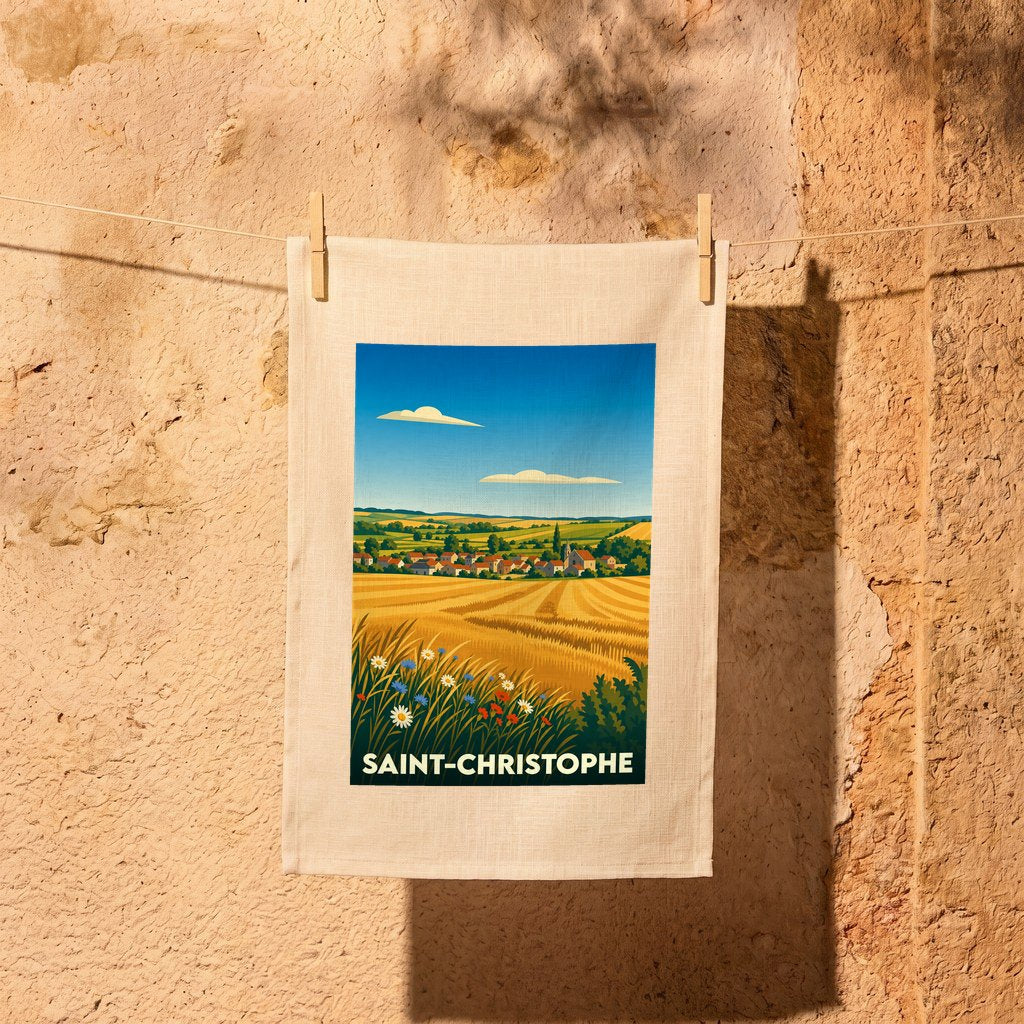 Torchon souvenir de la ville de Saint-Christophe avec une illustration stylisée de champs dorés.
