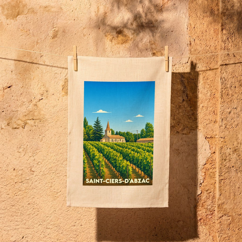 Torchon souvenir de la ville de Saint-Ciers-d'Abzac avec une illustration stylisée de son église et de ses vignobles.
