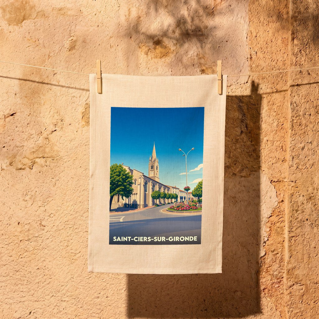 Torchon souvenir de la ville de Saint-Ciers-sur-Gironde orné d'une illustration stylisée de son église et de ses rues fleuries.