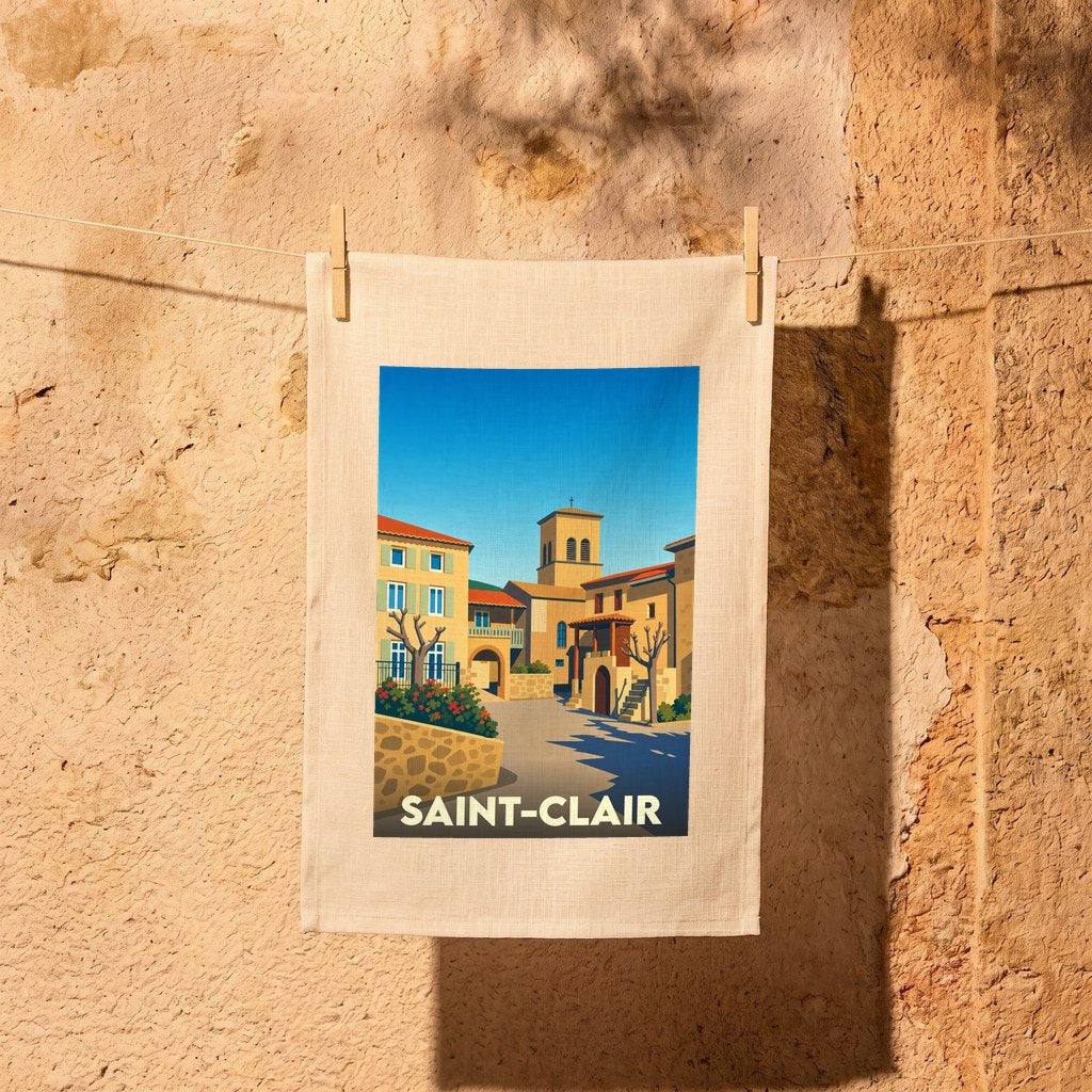 Torchon souvenir de la ville de Saint-Clair illustré d'un paysage urbain stylisé.