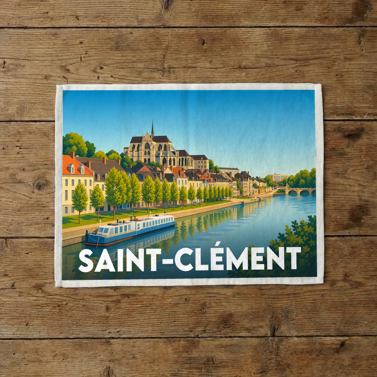 Torchon souvenir de la ville de Saint-Clément avec une illustration stylisée.