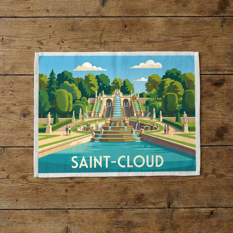 Torchon souvenir de la ville de Saint-Cloud avec une illustration stylisée de ses jardins et fontaines.