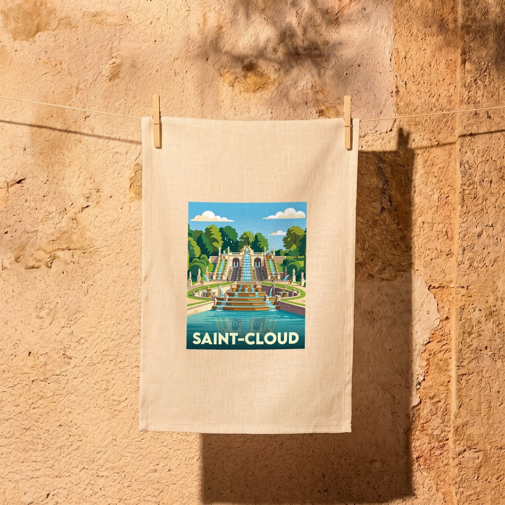 Torchon souvenir de la ville de Saint-Cloud avec une illustration stylisée de ses jardins et fontaines.