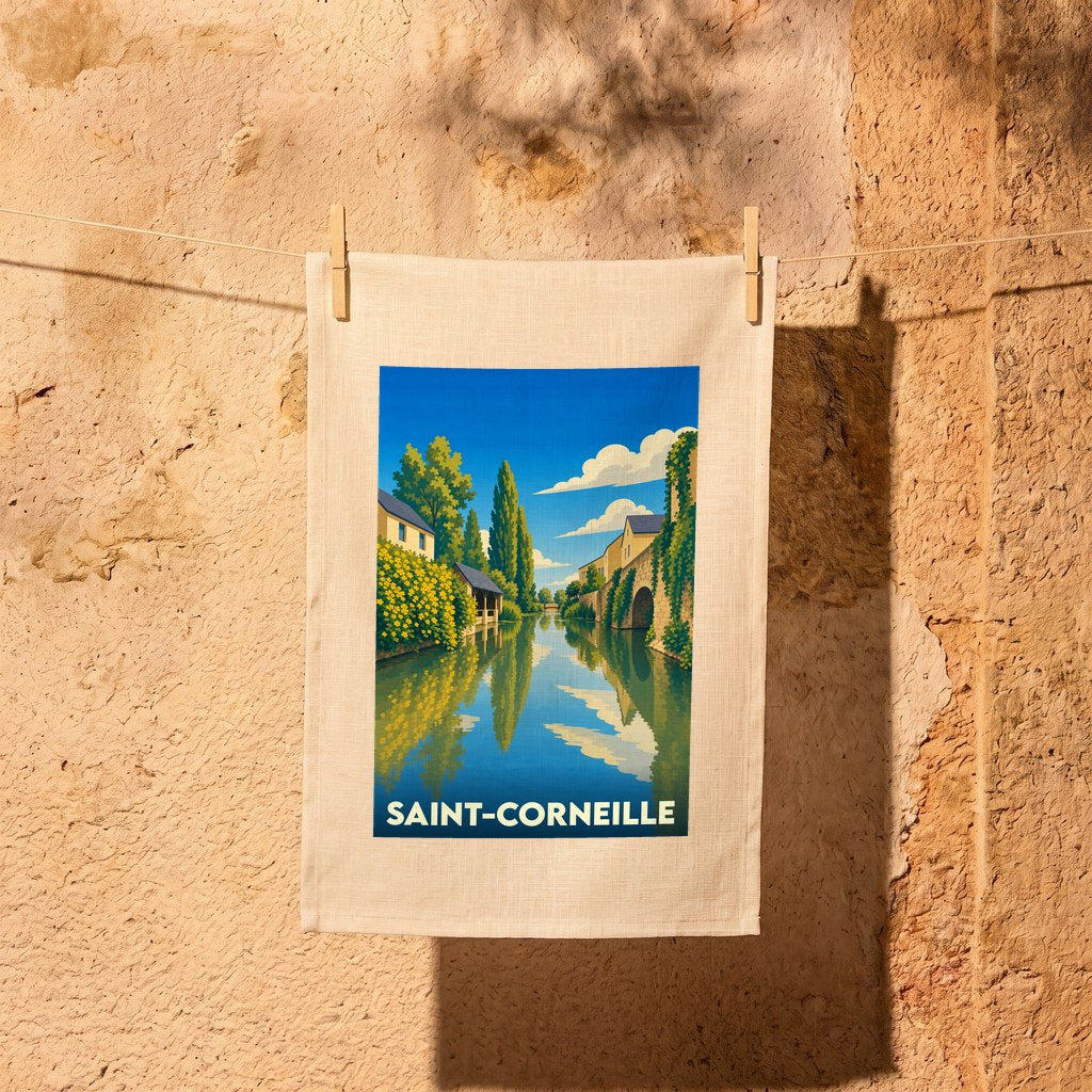 Torchon souvenir de la ville de Saint-Corneille avec une illustration stylisée d'un canal bordé de maisons et de végétation.