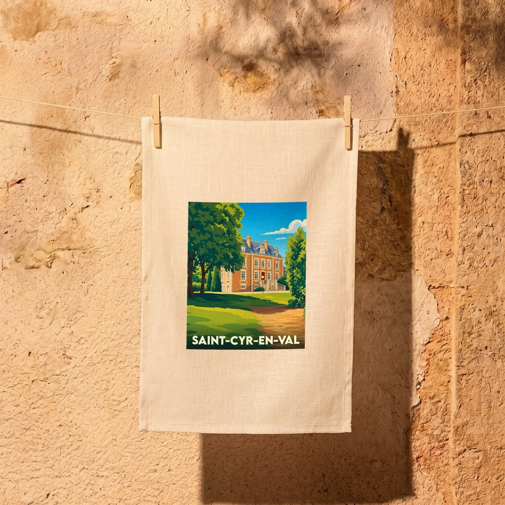 Torchon souvenir de la ville de Saint-Cyr-en-Val avec une illustration stylisée d'un château.