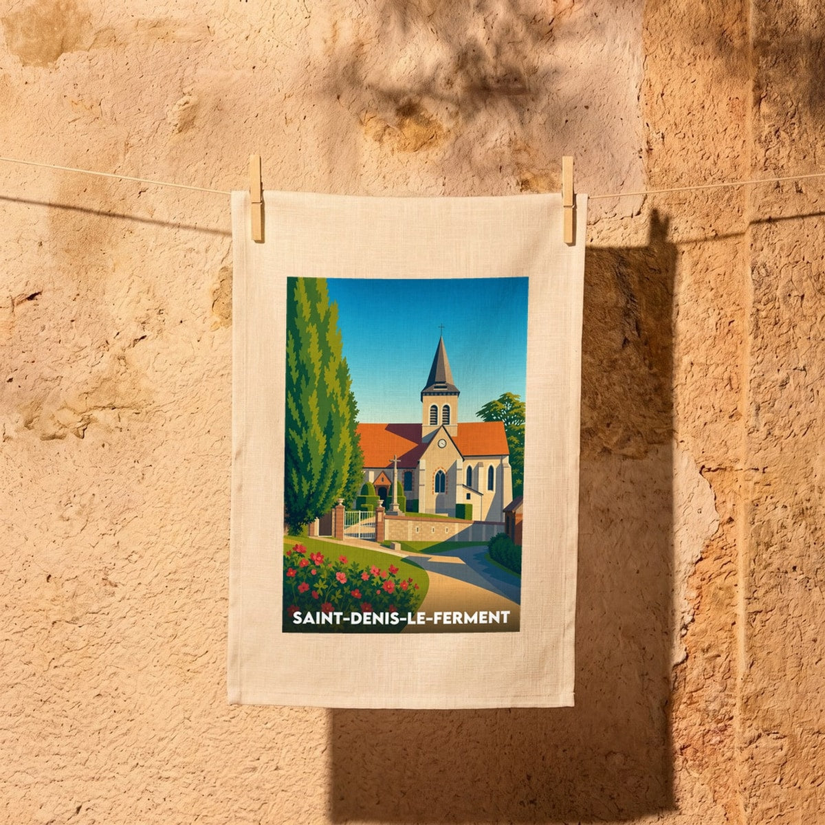 Torchon souvenir de la ville de Saint-Denis-le-Ferment avec une illustration stylisée.