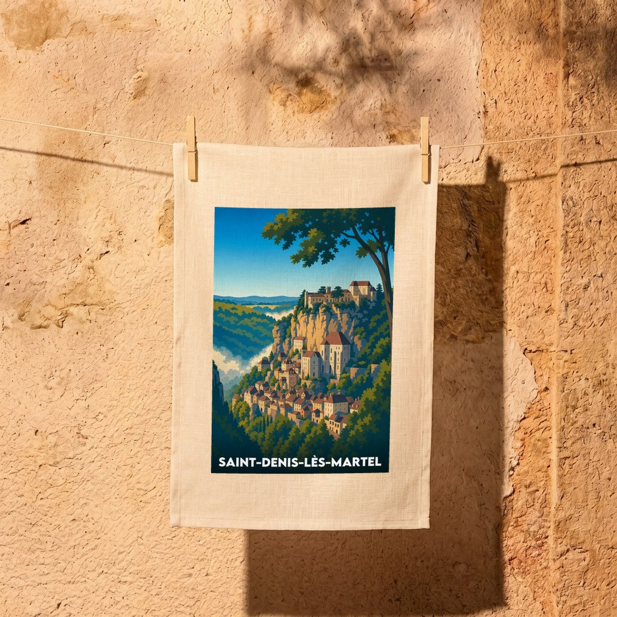 Torchon souvenir de la ville de Saint-Denis-lès-Martel avec une illustration stylisée.