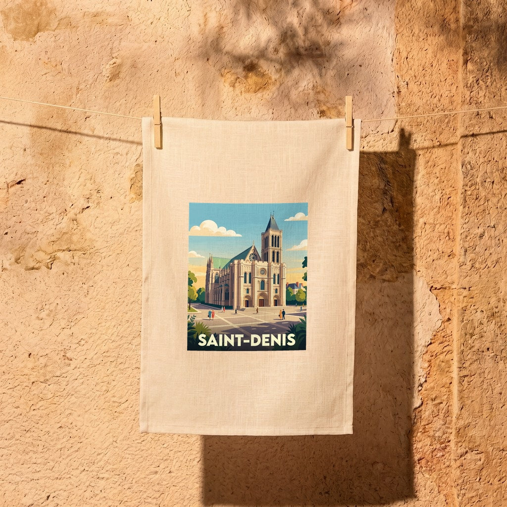 Torchon souvenir de la ville de Saint-Denis avec une illustration stylisée.
