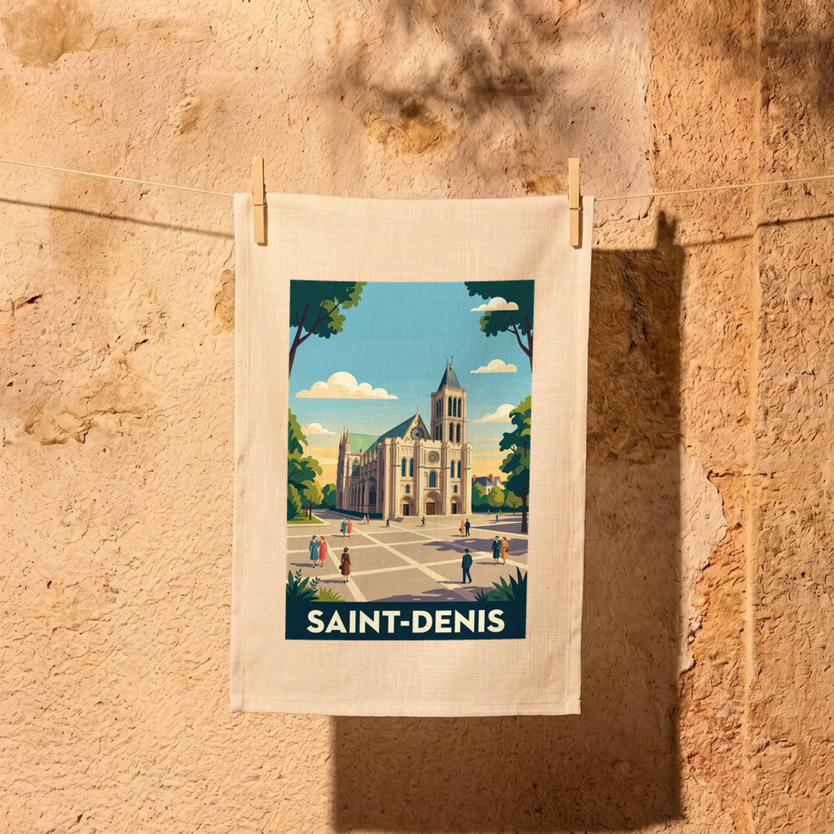 Torchon souvenir de la ville de Saint-Denis avec une illustration stylisée.