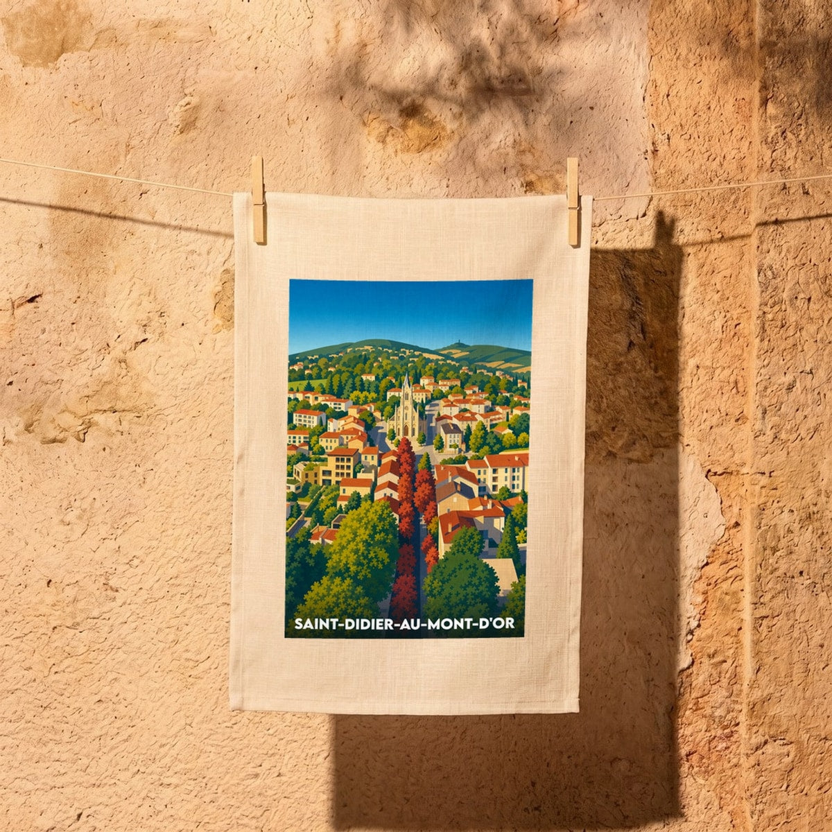 Torchon souvenir de la ville de Saint-Didier-au-Mont-d'Or avec une illustration colorée et stylisée.