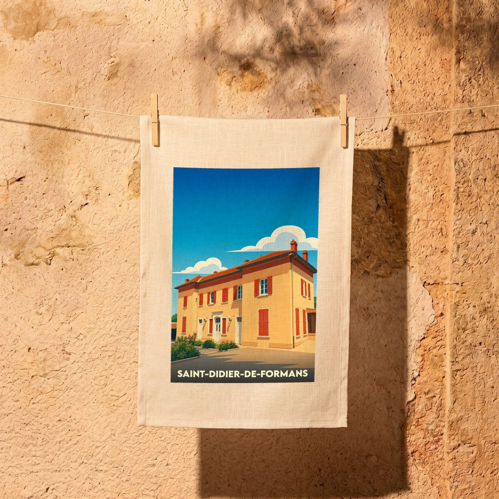 Torchon souvenir de la ville de Saint-Didier-de-Formans avec une illustration stylisée d'un bâtiment typique.