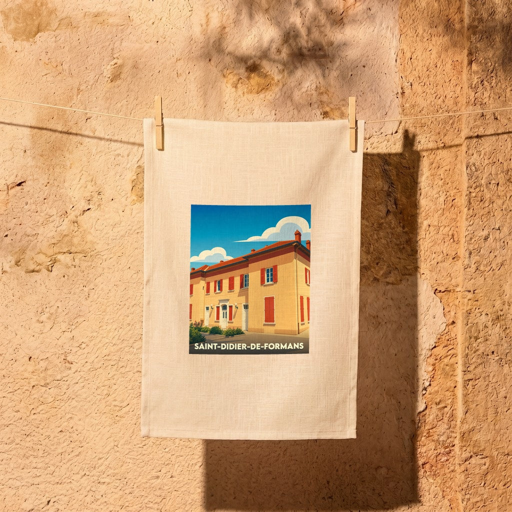 Torchon souvenir de la ville de Saint-Didier-de-Formans avec une illustration stylisée d'un bâtiment typique.
