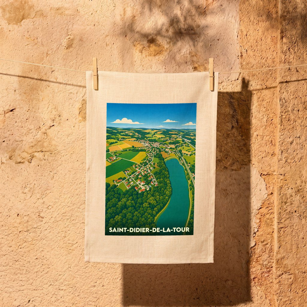 Torchon souvenir de Saint-Didier-de-la-Tour illustrant une vue aérienne stylisée de la ville et de ses paysages verdoyants.