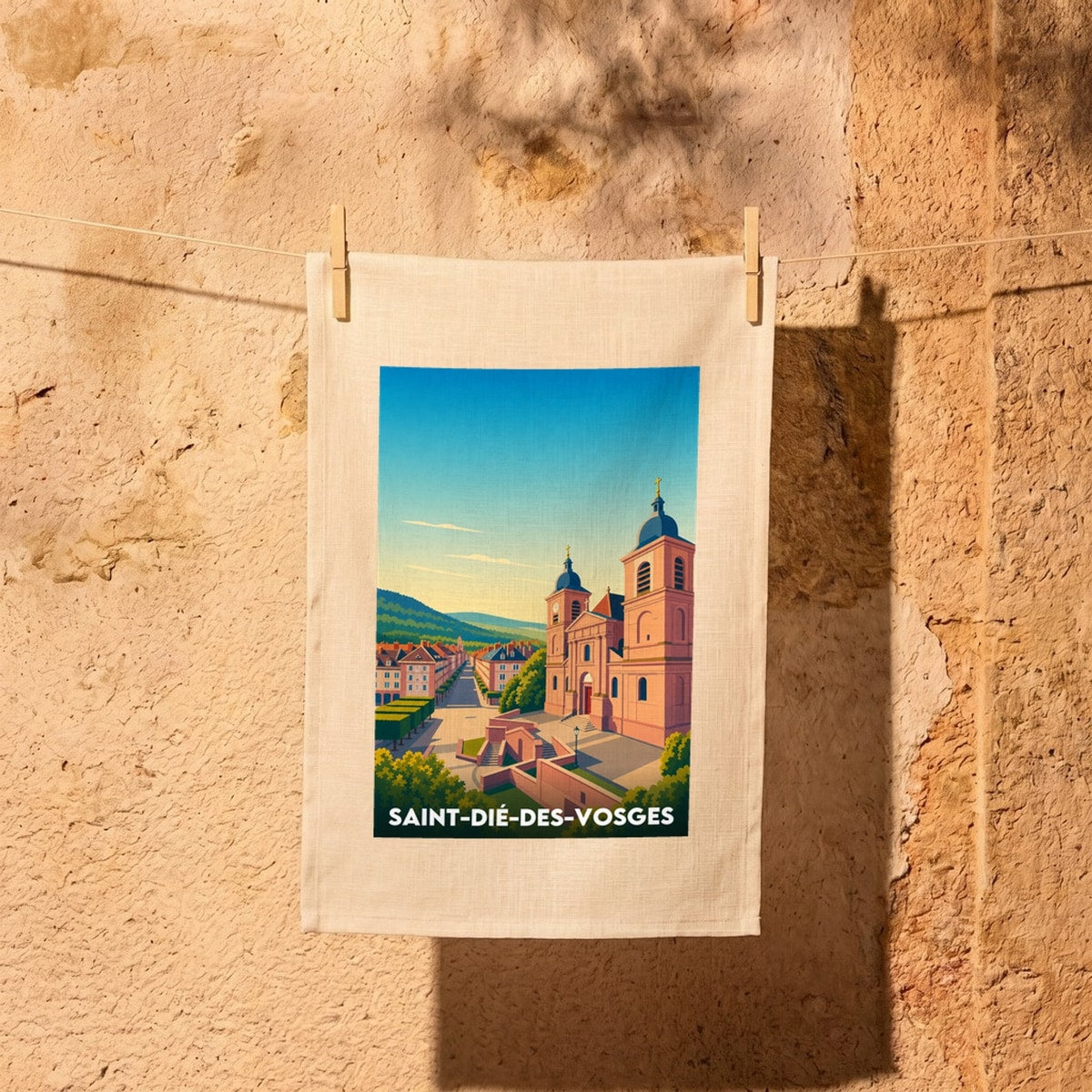 Torchon souvenir de la ville de Saint-Dié-des-Vosges avec une illustration stylisée de son architecture.