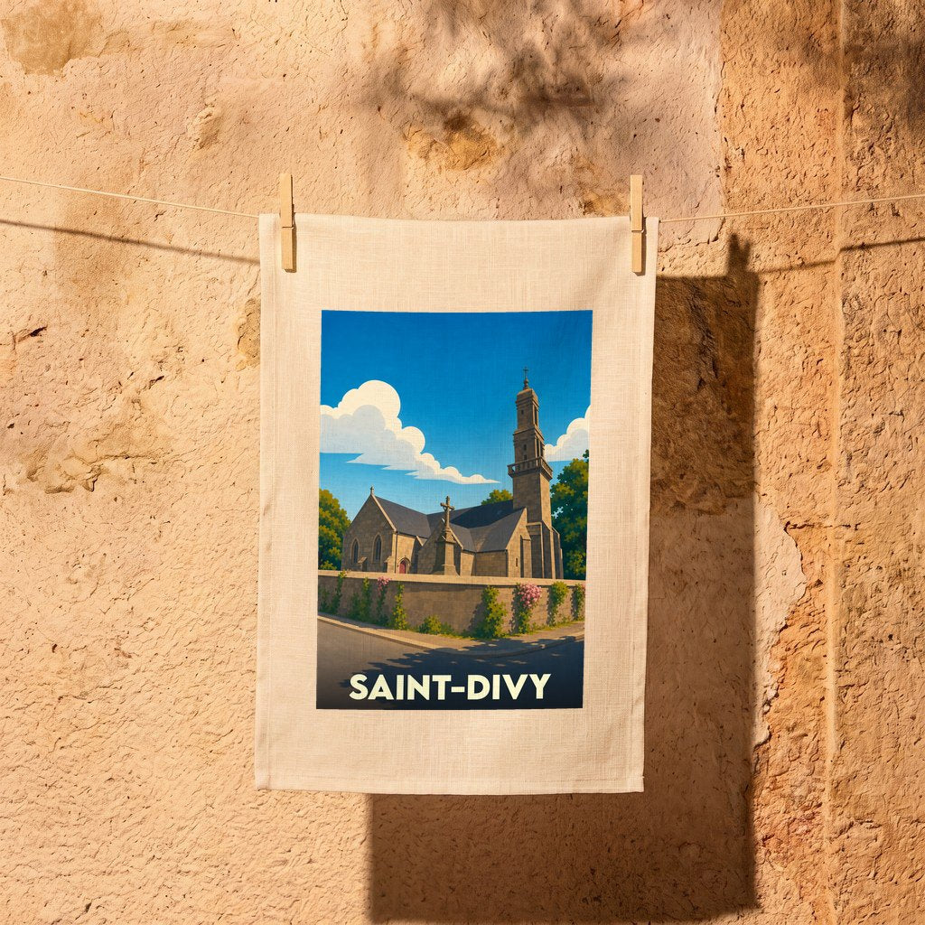 Torchon souvenir de la ville de Saint-Divy illustré d'une vue stylisée de son église sous un ciel bleu.