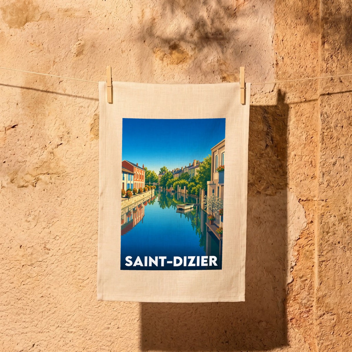 Torchon souvenir de la ville de Saint-Dizier avec une illustration stylisée d'un canal bordé de maisons.