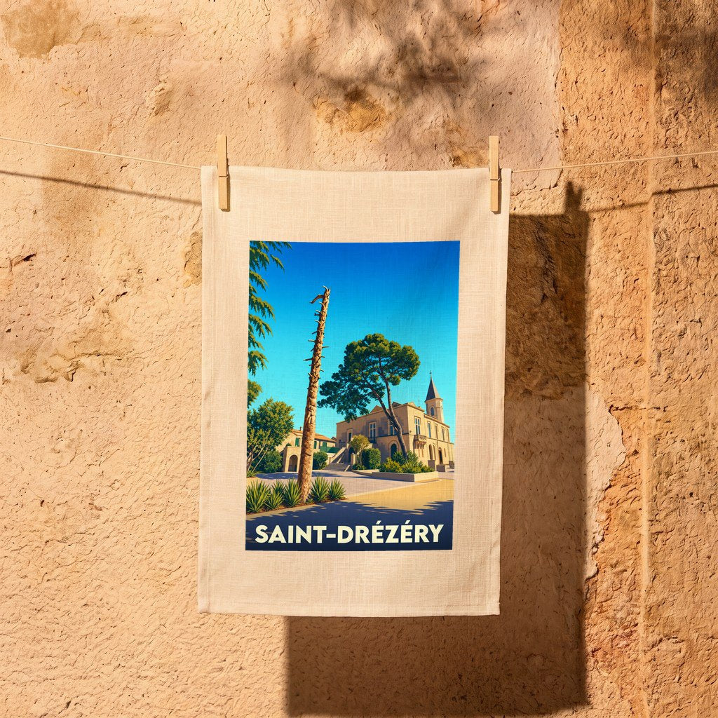 Torchon souvenir de la ville de Saint-Drézéry avec une illustration stylisée.