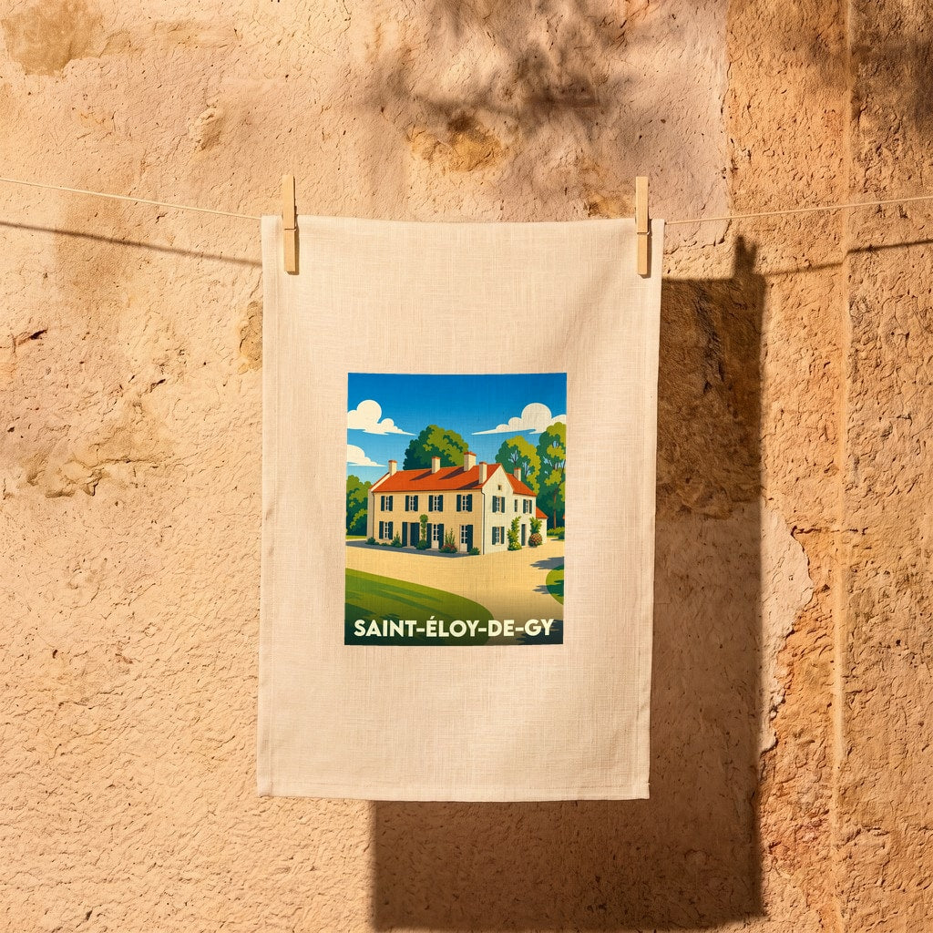 Torchon souvenir de la ville de Saint-Éloy-de-Gy avec une illustration stylisée d'une maison de campagne.