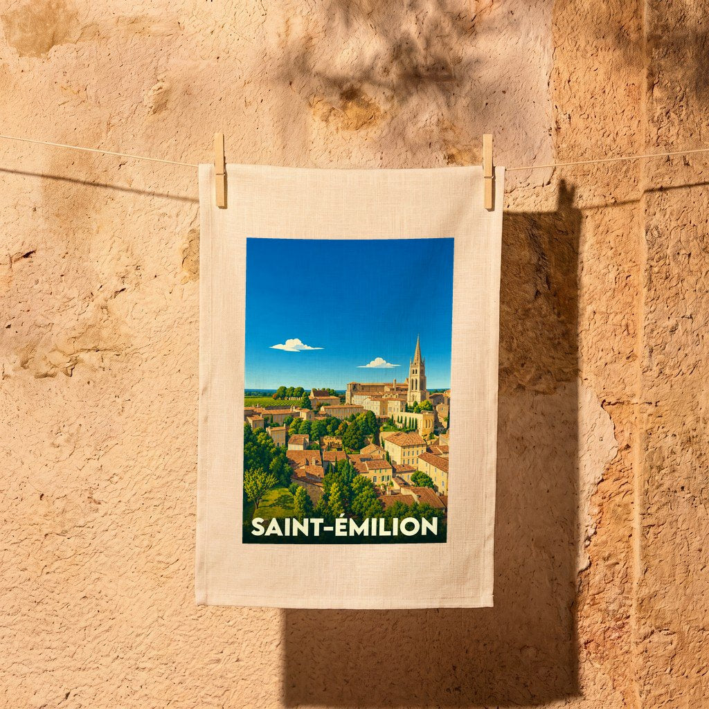 Torchon souvenir de la ville de Saint-Émilion avec une illustration stylisée.