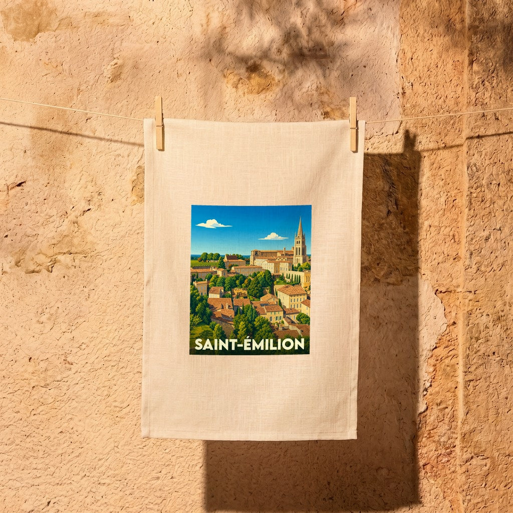 Torchon souvenir de la ville de Saint-Émilion avec une illustration stylisée.