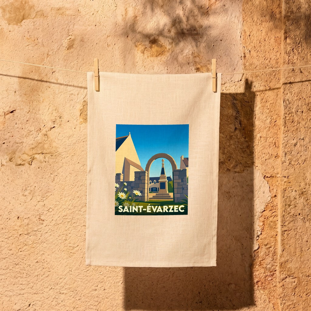 Torchon souvenir de la ville de Saint-Évarzec avec une illustration stylisée de son patrimoine.