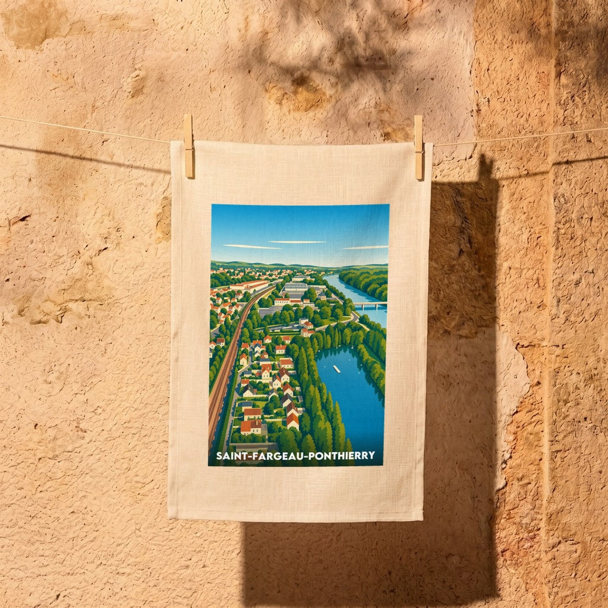 Torchon souvenir de la ville de Saint-Fargeau-Ponthierry avec une illustration stylisée du paysage.