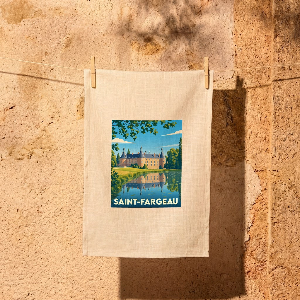 Torchon souvenir de la ville de Saint-Fargeau avec une illustration stylisée de son château.