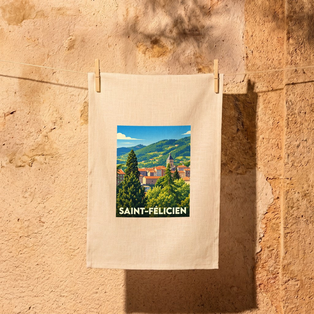 Torchon souvenir de la ville de Saint-Félicien avec une illustration stylisée de ses collines et habitations.
