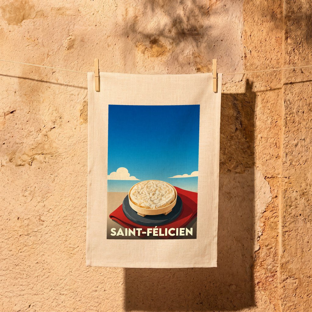 Torchon souvenir de la ville de Saint-Félicien illustrant un fromage sur un fond de paysage stylisé.