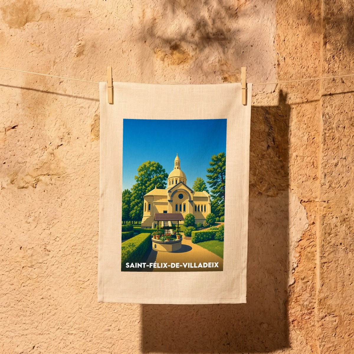 Torchon souvenir de la ville de Saint-Félix-de-Villadeix avec une illustration graphique stylisée.