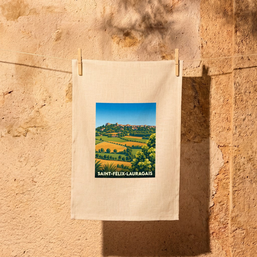 Torchon souvenir de la ville de Saint-Félix-Lauragais avec une illustration de paysage champêtre.