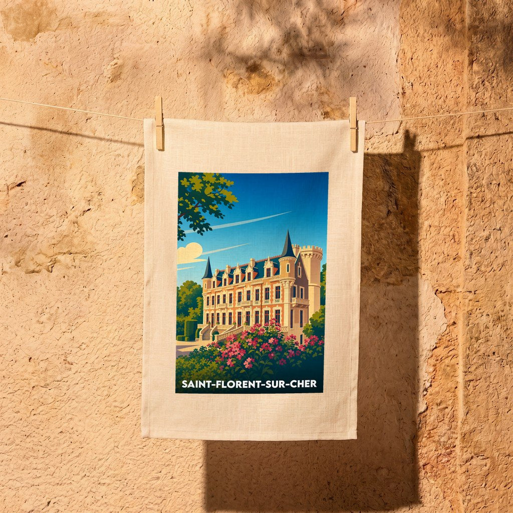 Torchon souvenir de la ville de Saint-Florent-sur-Cher avec une illustration stylisée de son château.