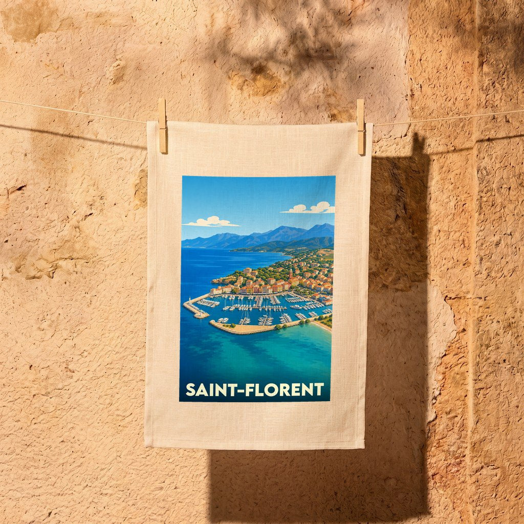 Torchon souvenir de la ville de Saint-Florent avec une illustration stylisée de son port.