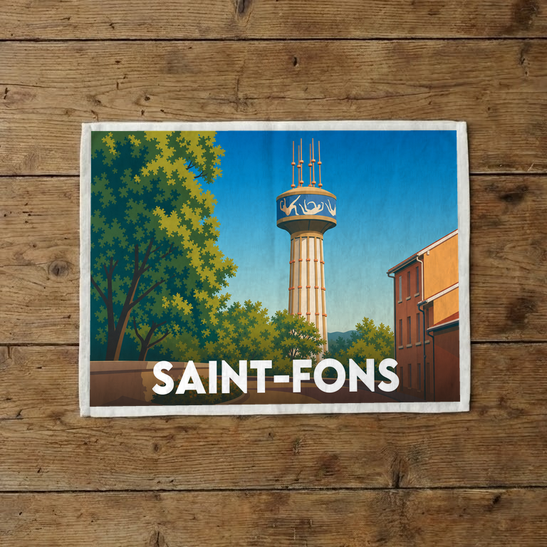 Torchon souvenir de la ville de Saint-Fons avec une illustration stylisée.