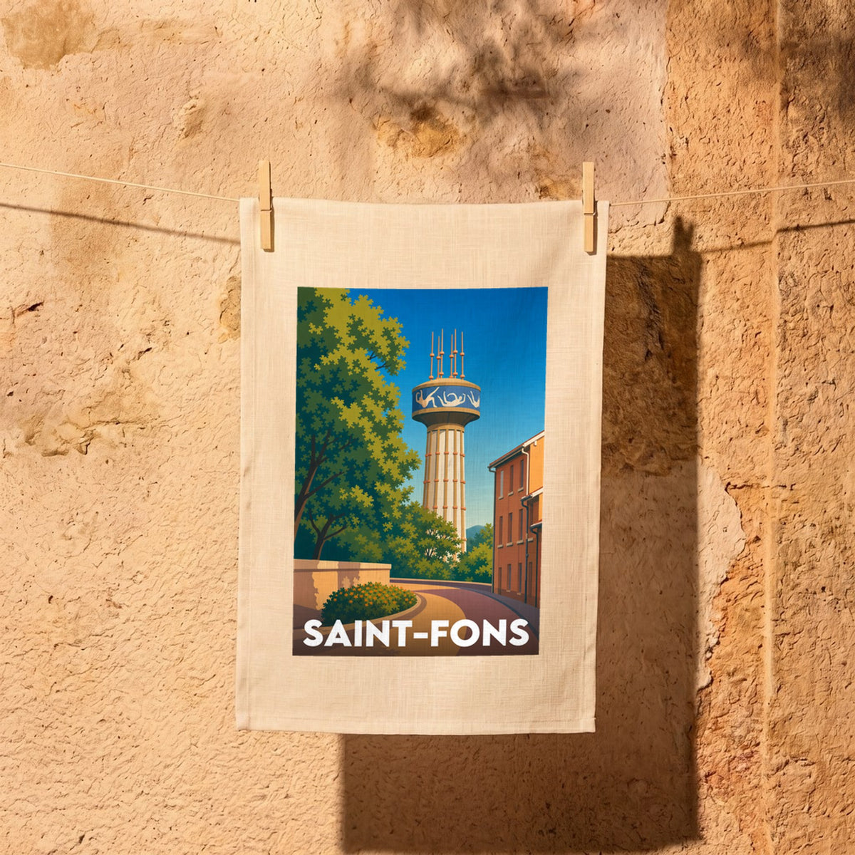 Torchon souvenir de la ville de Saint-Fons avec une illustration stylisée.