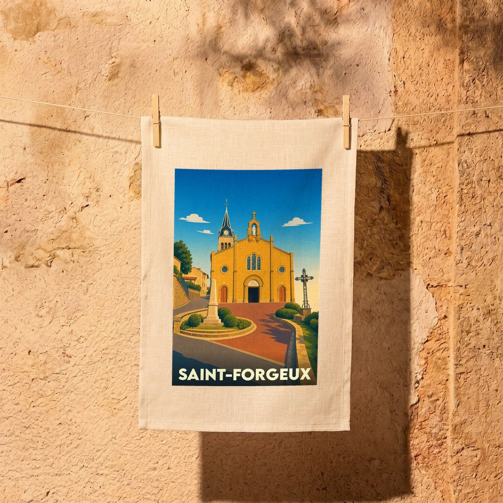 Torchon souvenir de la ville de Saint-Forgeux avec une illustration stylisée de son église.