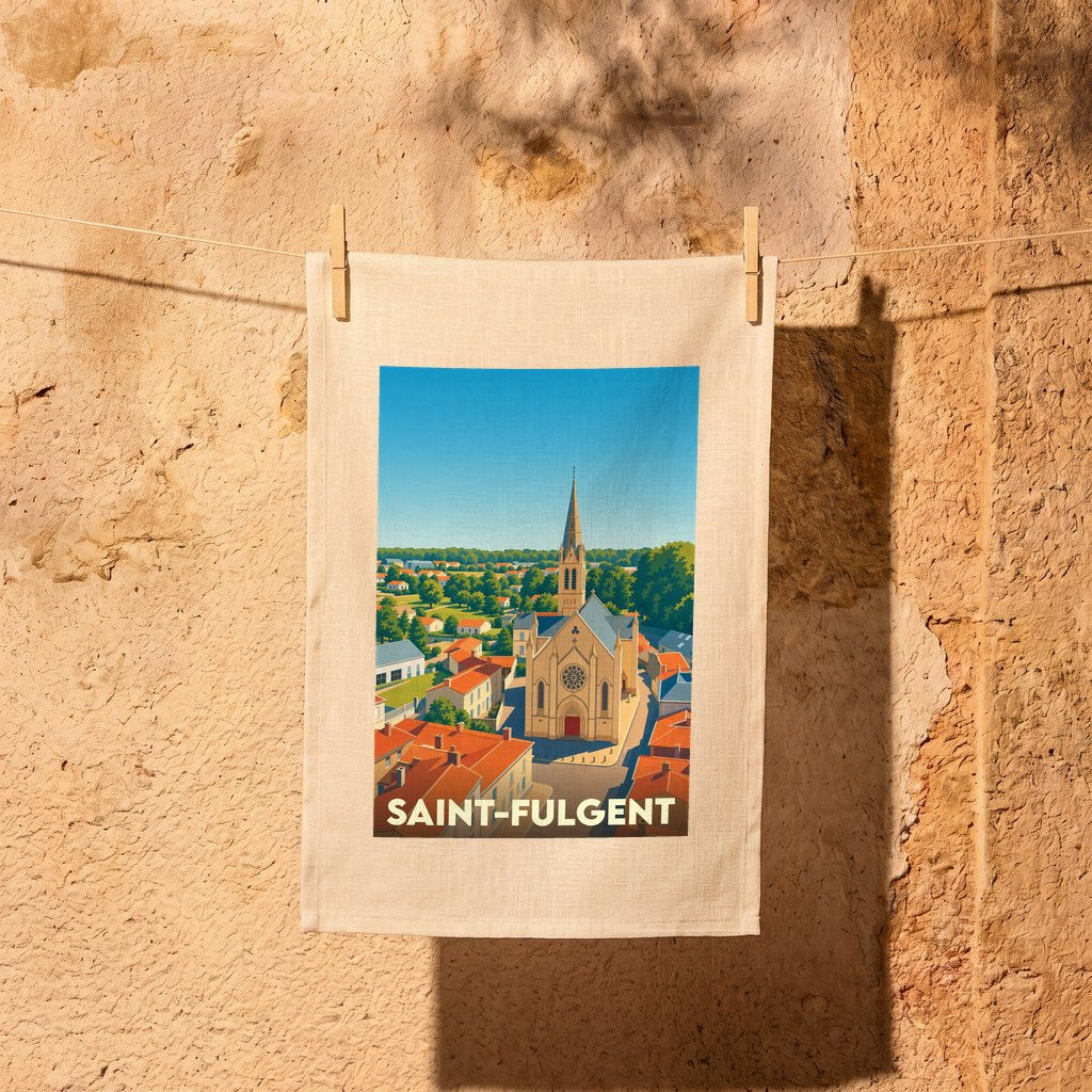 Torchon souvenir de la ville de Saint-Fulgent avec une illustration stylisée d'une église sous un ciel bleu.