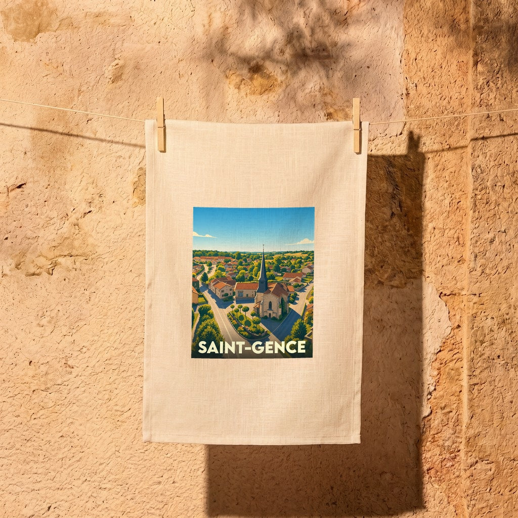 Torchon souvenir de la ville de Saint-Gence illustré d'une vue aérienne stylisée du village.