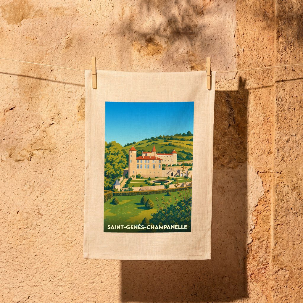 Torchon souvenir de la ville de Saint-Genès-Champanelle avec une illustration stylisée de son château.