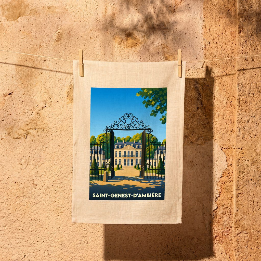 Torchon souvenir de Saint-Genest-d'Ambière orné d'une illustration stylisée du château à travers sa grille.