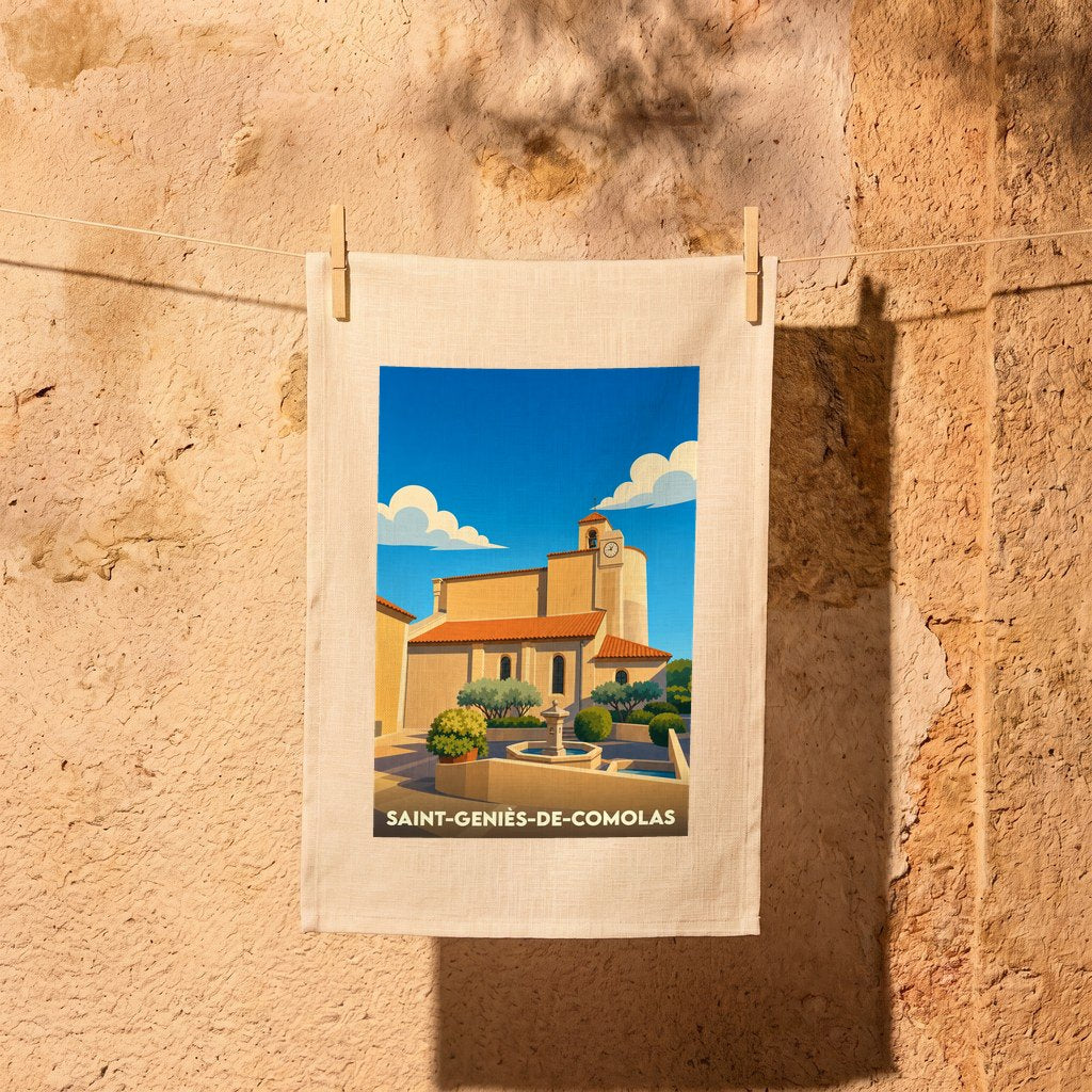 Torchon souvenir de la ville de Saint-Geniès-de-Comolas avec une illustration stylisée de son église et de sa fontaine.