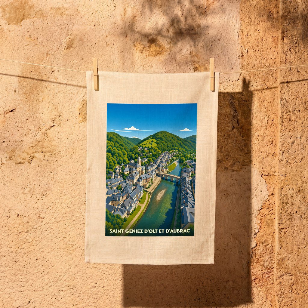 Torchon souvenir de la ville de Saint Geniez d'Olt et d'Aubrac avec une illustration stylisée.
