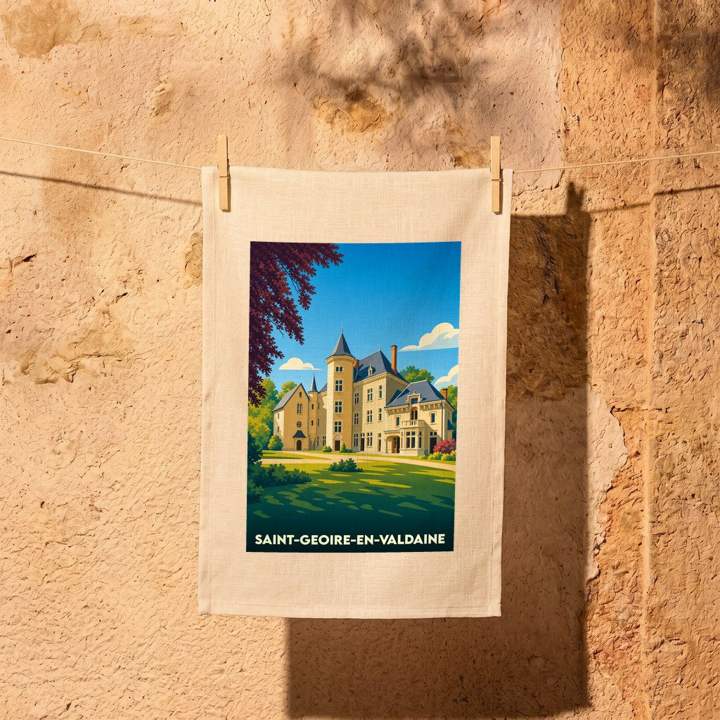 Torchon souvenir de la ville de Saint-Geoire-en-Valdaine avec une illustration stylisée de château.