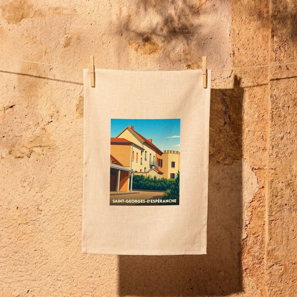 Torchon souvenir de la ville de Saint-Georges-d'Espéranche avec une illustration stylisée.
