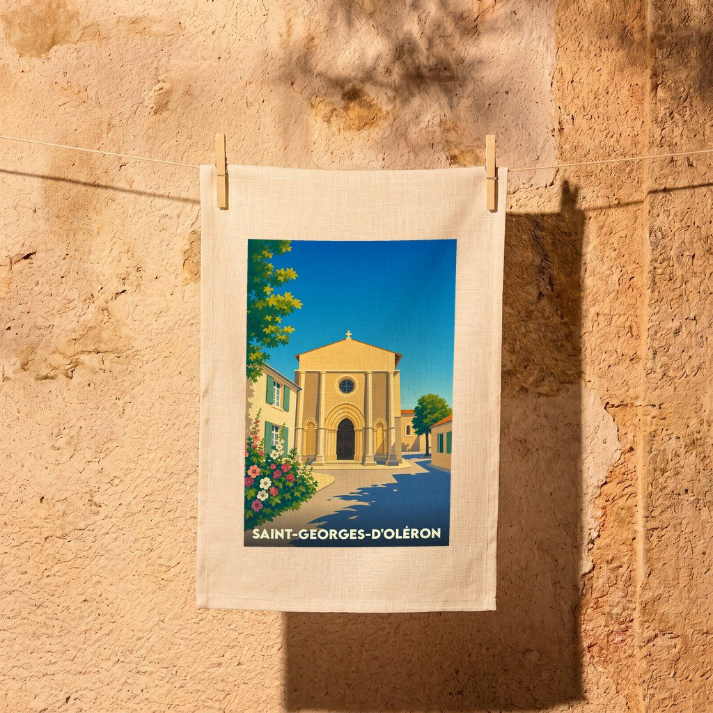 Torchon souvenir de la ville de Saint-Georges-d'Oléron avec une illustration stylisée de son église romane.
