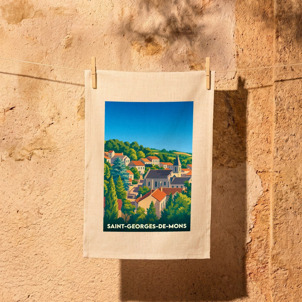 Torchon souvenir de la ville de Saint-Georges-de-Mons illustré d'un paysage urbain stylisé.