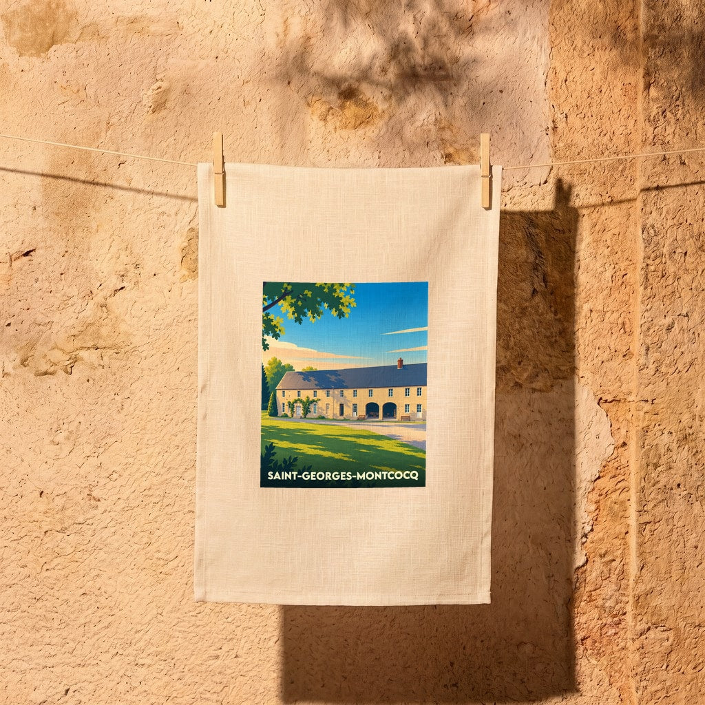 Torchon souvenir de la ville de Saint-Georges-Montcocq avec une illustration stylisée d'un bâtiment historique.